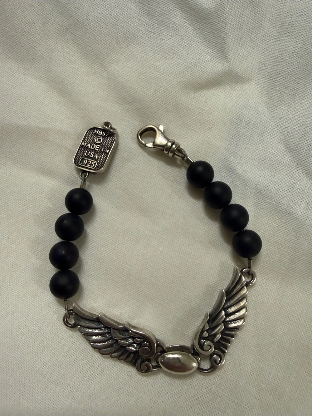 King Baby Studio Black Bead Bracelet with Sterling Wing Motif